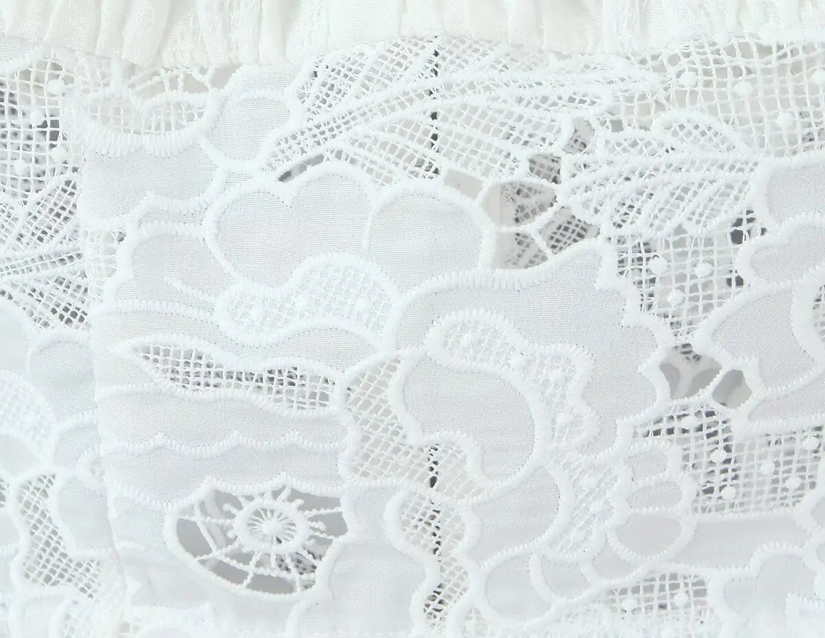 Romantic Lace Patchwork Off Shoulder Puff Sleeve Crop Top