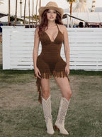 Boho Halter Playsuit With Tiered Ruffles And Tassels And V Neck Backless Romper