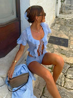 Lacework Lace Up Short Sleeve Top Slim Mini Shorts Knitted Set