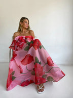 Sexy Print Asymmetrical Hem Long Skirt Set Fashionable Sleeveless Women's Polyester Fabric Casual Leisure Suit