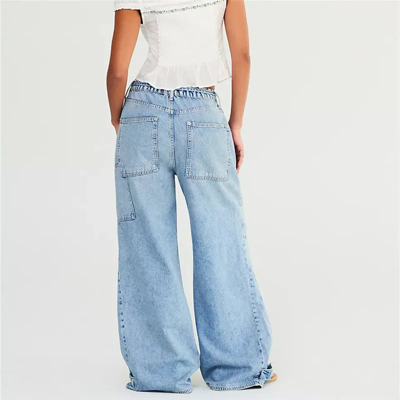 Relaxed Wide Leg Denim Jeans With Big Pockets Casual Baggy Trousers Vintage Streetwear Vibe
