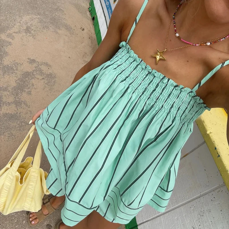 Summer Striped Peplum Cami Top And Flowing Boxer Shorts Two Piece Lounge Set For Vacation