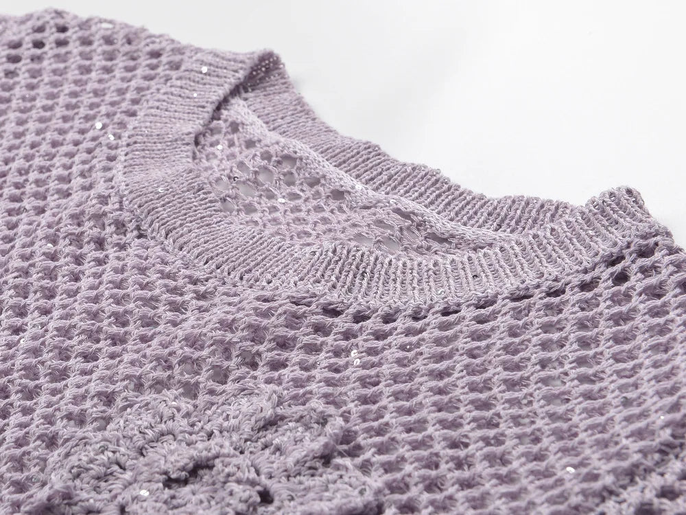 Sunlit Hollow Knit Top Elegant Long Sleeve Jumper Lightweight Sweater