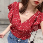 Polka Dot Chiffon Lace Up V Neck Blouse With Flowy Sleeves