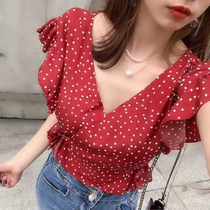Polka Dot Chiffon Lace Up V Neck Blouse With Flowy Sleeves