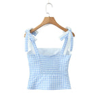 Women New Fashion Sweet Plaid Chic Lace Patchwork French Square Collar Backless Top