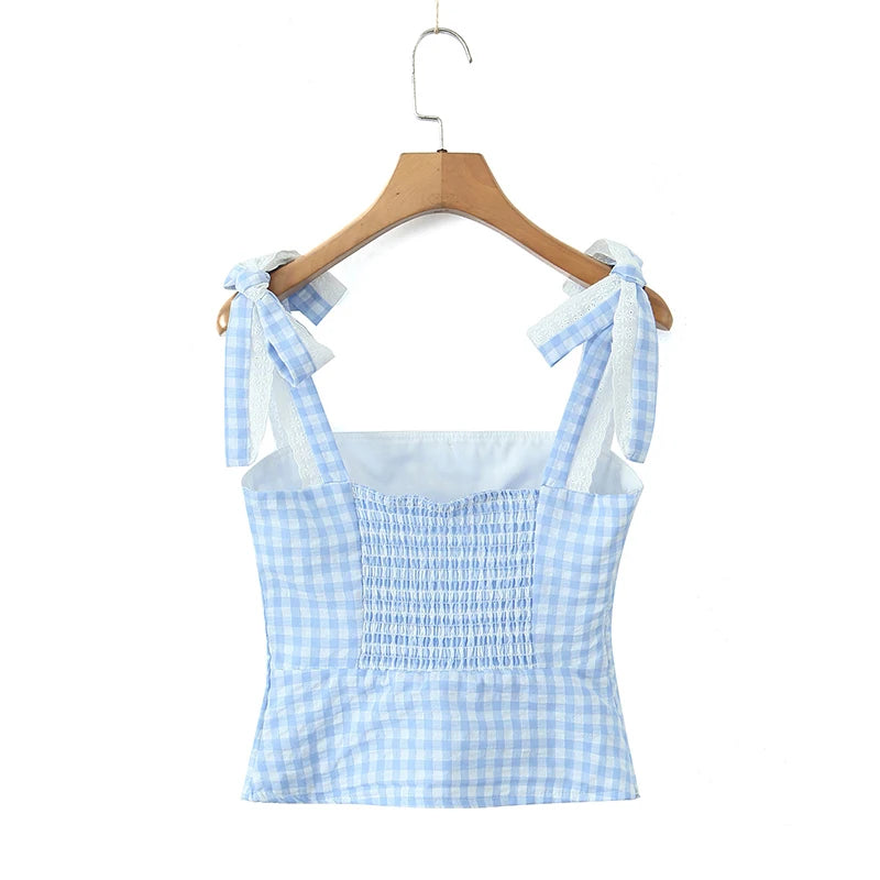 Women New Fashion Sweet Plaid Chic Lace Patchwork French Square Collar Backless Top