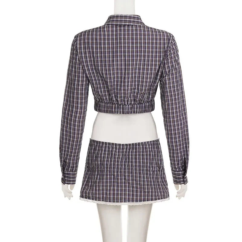 Plaid Streetwear Set With Cropped Shirt And Mini Skirt