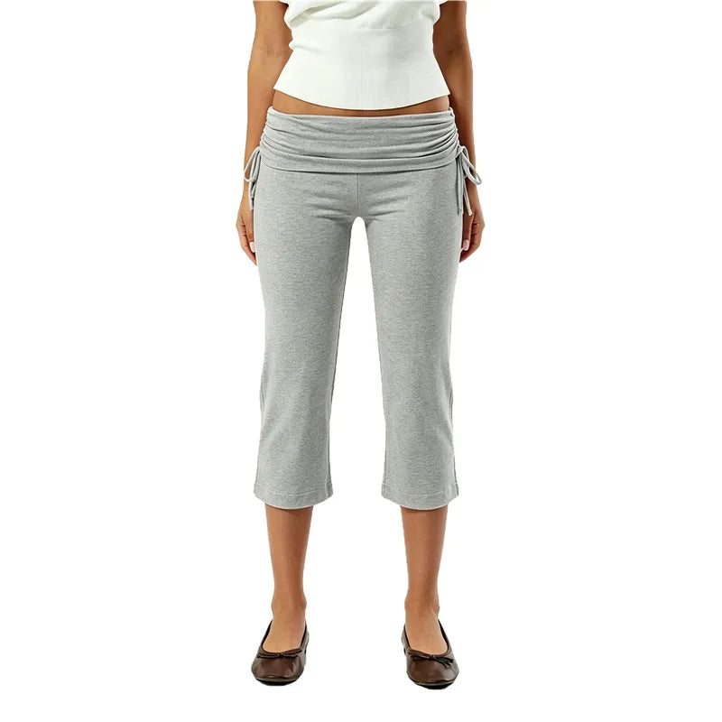 High-Waist Capri Pants With Fold-Over Waist Adjustable Drawstring Tie Detail
