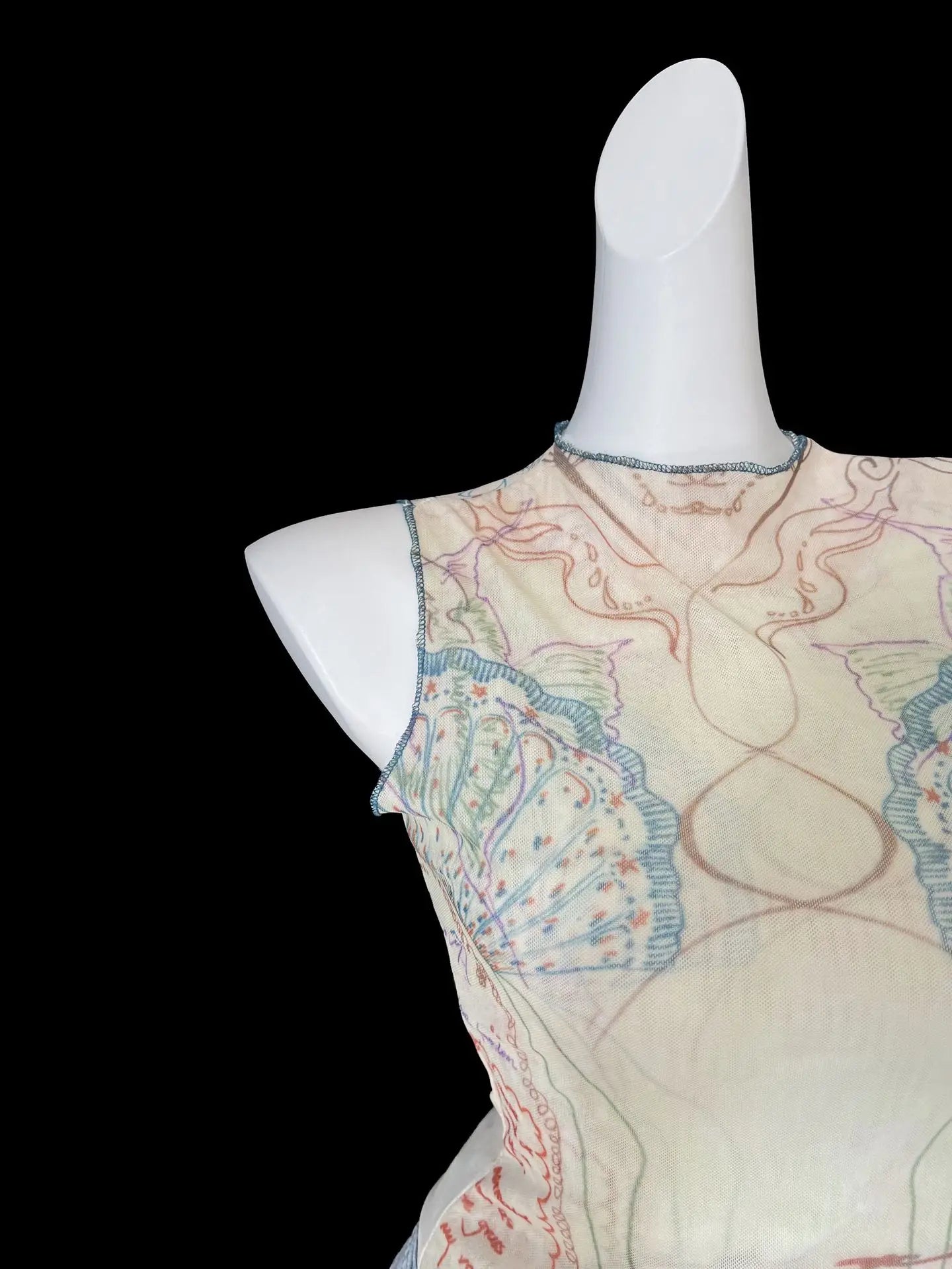 Chic Double Layer Mesh Tee With Elegant Print And High Collar Short Sleeve Women Net Shirt