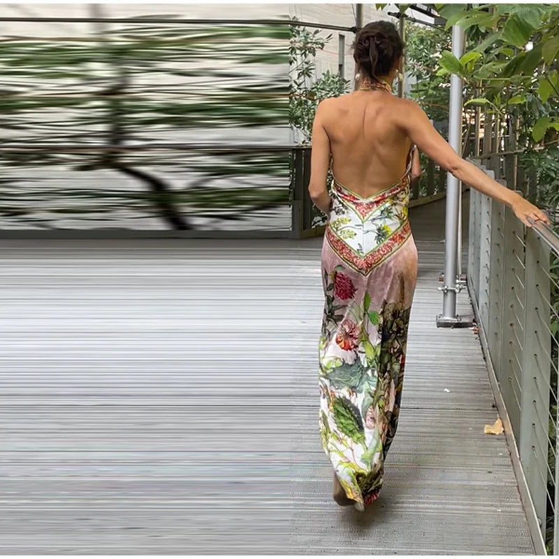 Flirty Printed Halter Backless Dress For Summer Party Chic Evening Outfits Slim High Waist