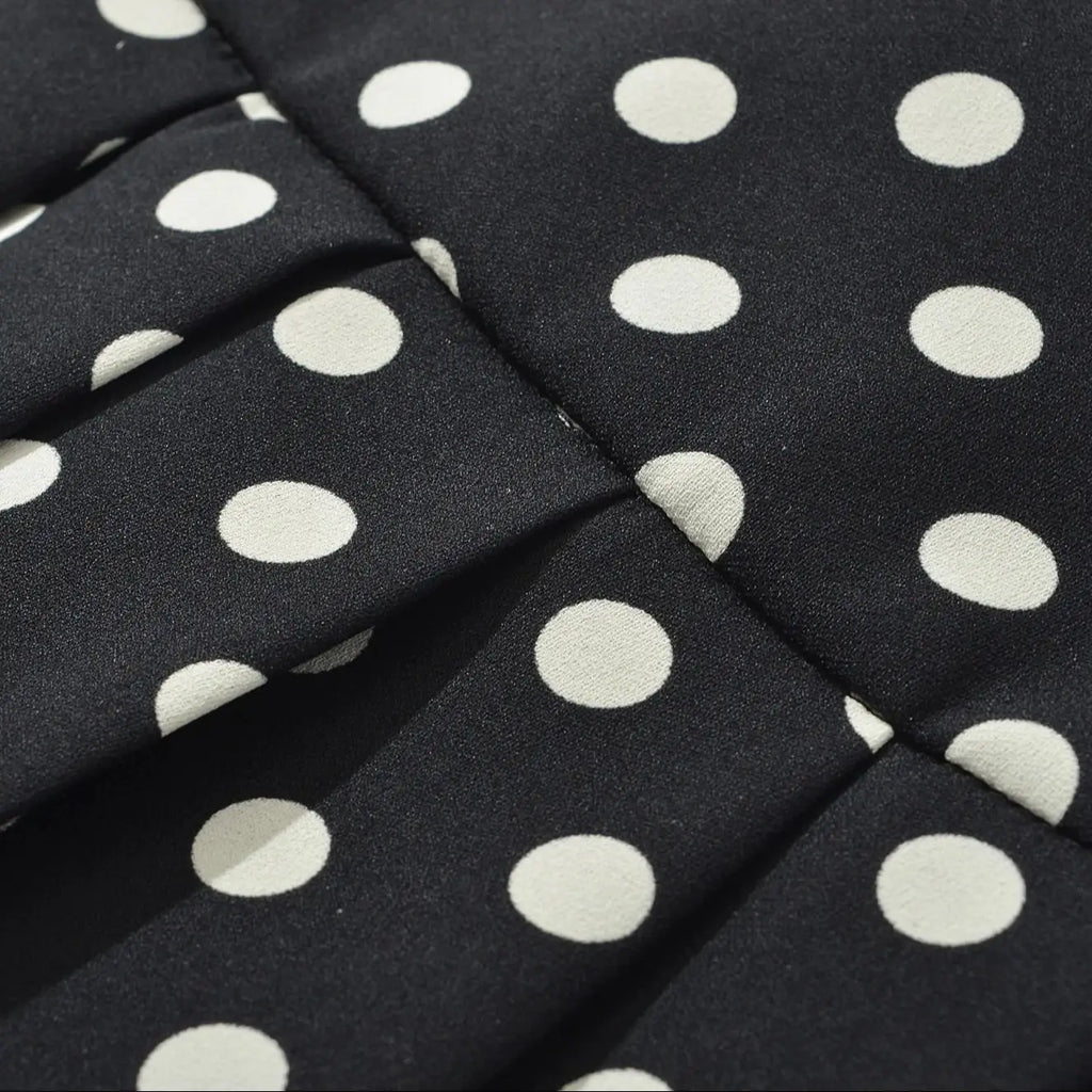 Black Polka Dot Pleated Mini With Shorts Lining Low Waist Skater Style Button Details