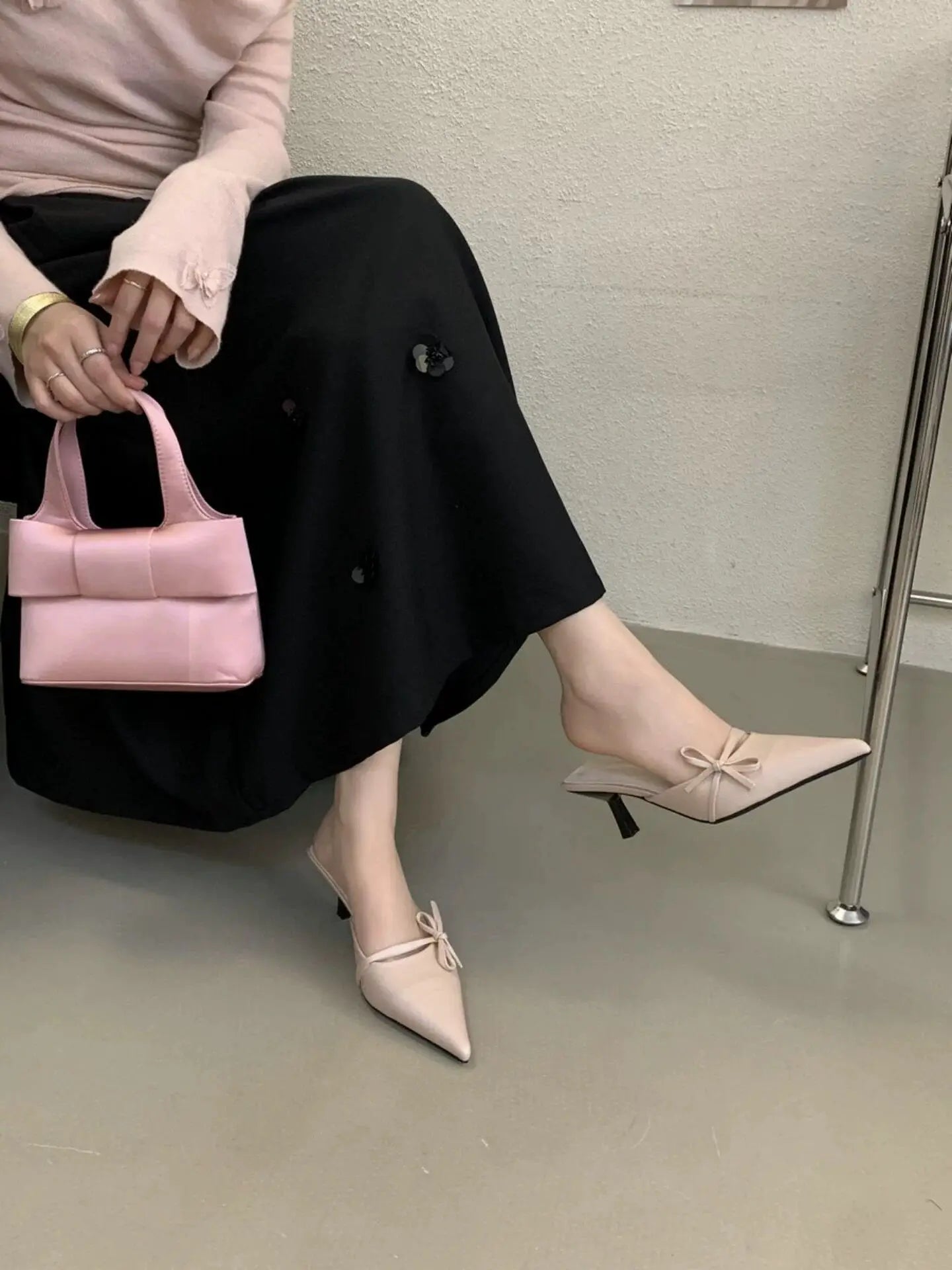 Elegant Bow Pointed Toe Mules With Thin Slip-on Heels