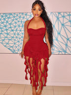 Elegant Halter Backless Ruffles Mini Dress Slim Fit With Tassel Detail