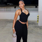 Black Two Piece Set With Bow Tie Halter Top And Capri Leggings Retro Cord Detailing