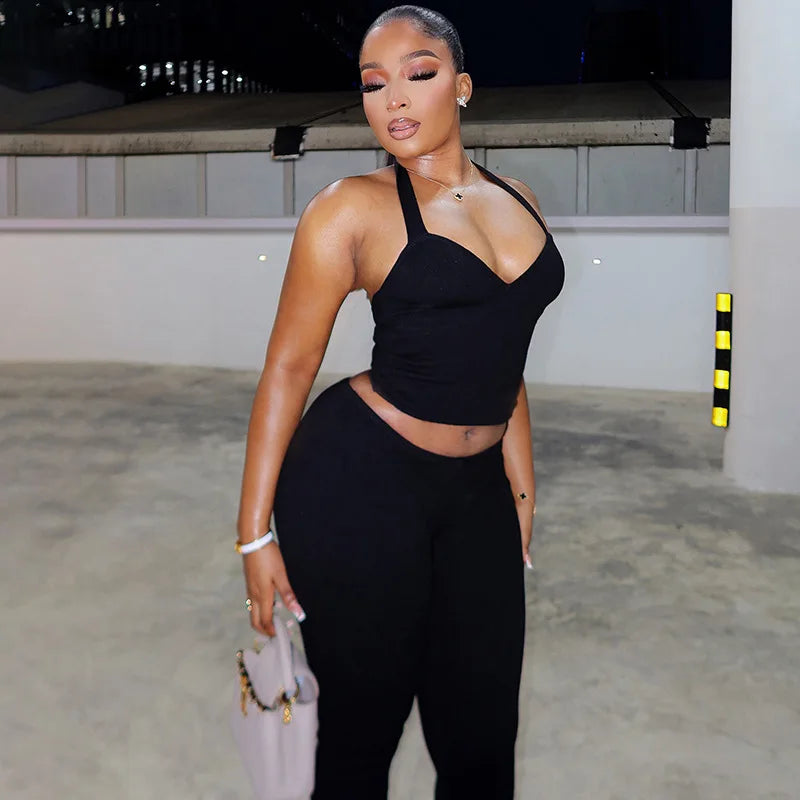 Black Two Piece Set With Bow Tie Halter Top And Capri Leggings Retro Cord Detailing
