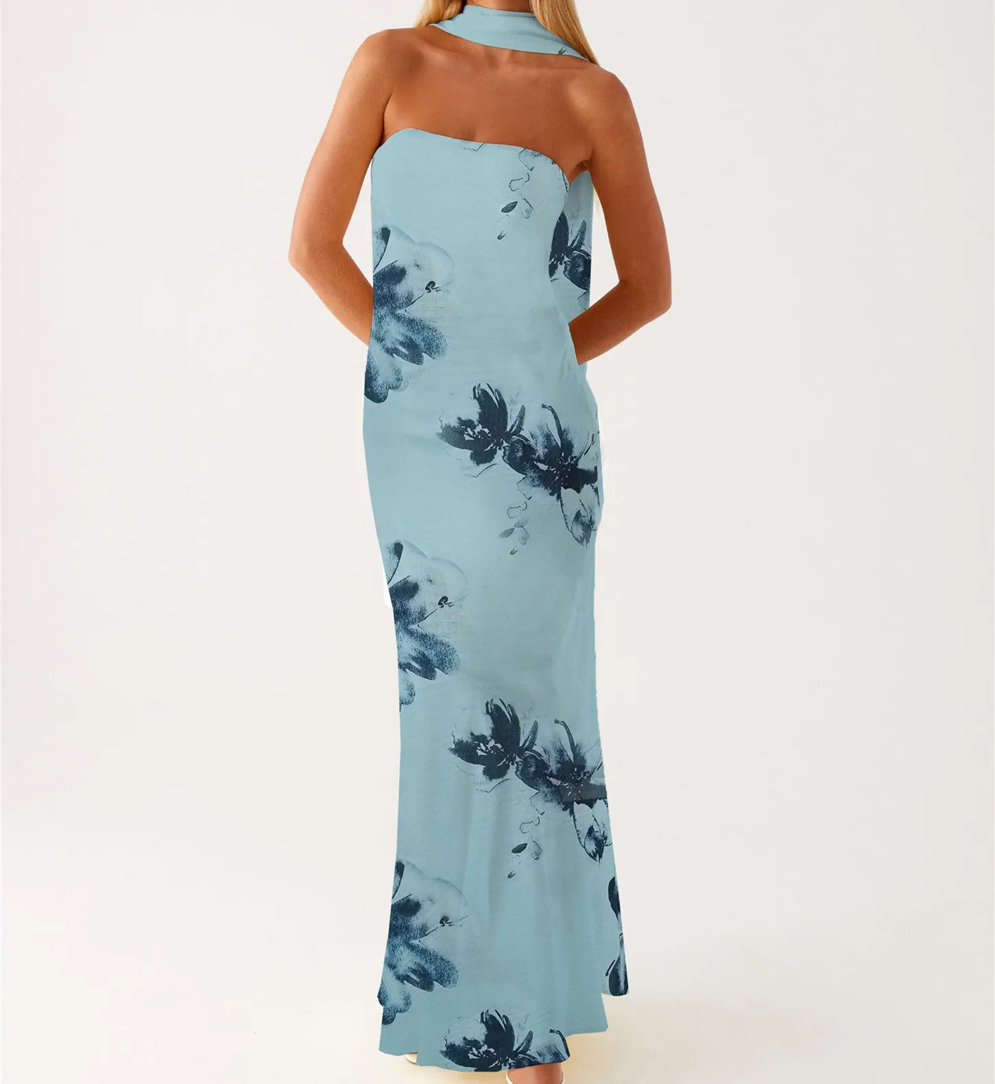 Floral Tube Maxi Dress With Scarf Strapless Backless Mesh Bodycon Sundress