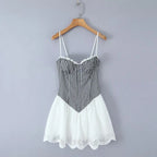 Sexy Women Plaid Spliced Sling Mini Summer Dress Lacing Up Bandage Back A-line Cotton Dress