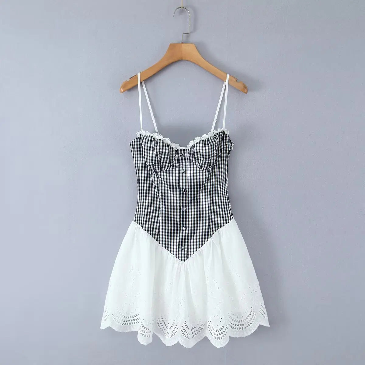 Sexy Women Plaid Spliced Sling Mini Summer Dress Lacing Up Bandage Back A-line Cotton Dress