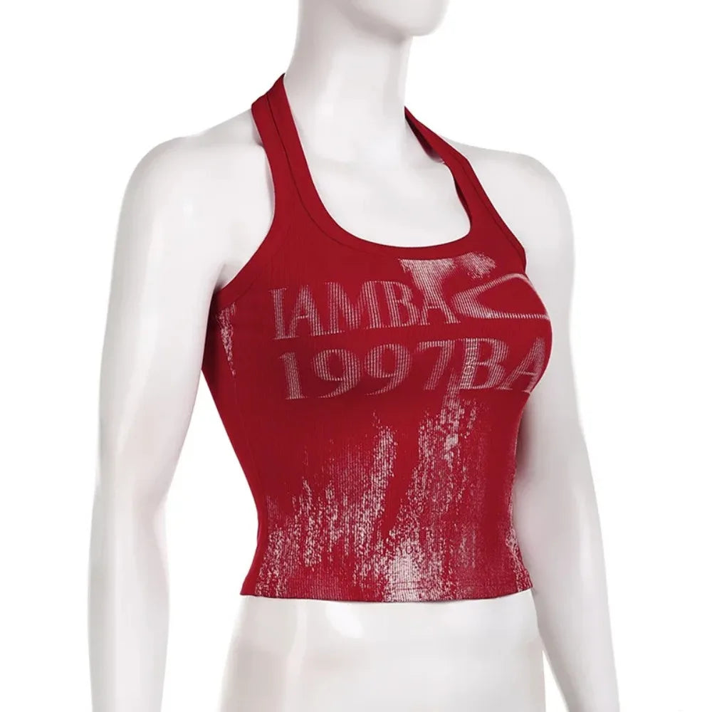 Retro Choker Vest Crop Top In Red With Open Back Knit Tank Style