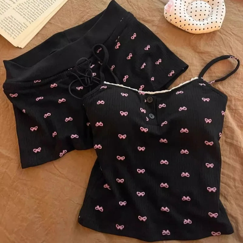Bow Pajamas Set For Women Two Piece Summer Sleepwear With Tank Top And Shorts Lounge Ensemble