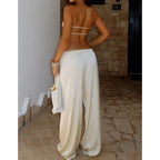 Elegant Satin Strapless Backless Crop Top And Elastic Waist Pants Set For Women