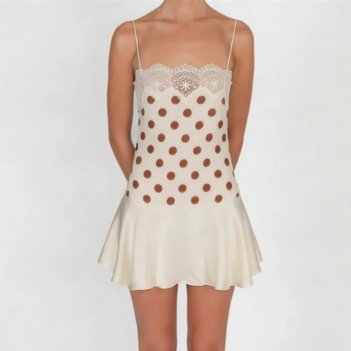 Polka Dot Satin Cami Dress With Lace Trim And Ruffle Hem Mini