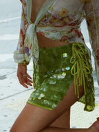 Sequin Side Split Mini Skirt With High Waist And Lace Up Detail