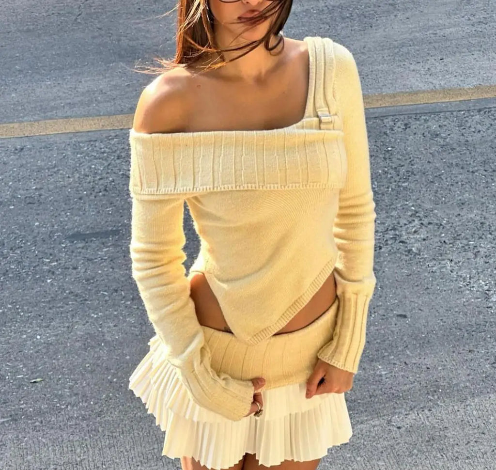 Knit Color Block Mini Skirt High Waisted Pleated