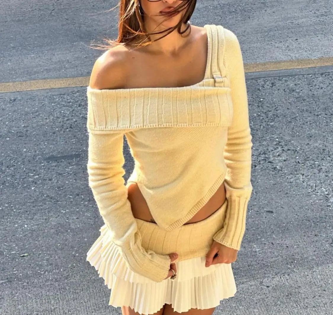 Knit Color Block Mini Skirt High Waisted Pleated