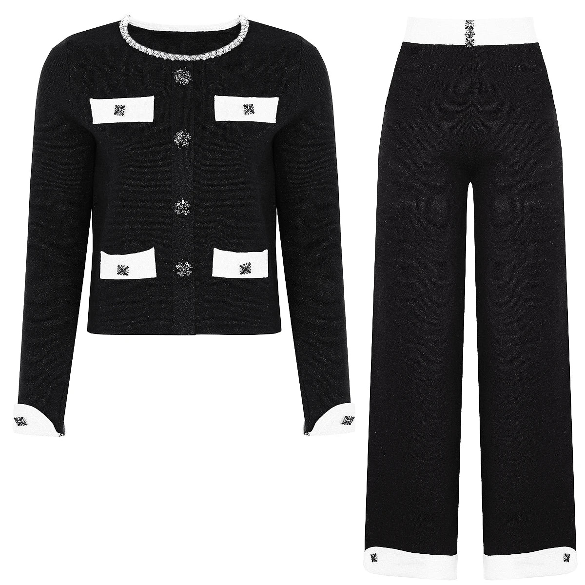 Diamond Buckle Knit Top With Elastic Fit Long Sleeve Pullover Round Neck For Women