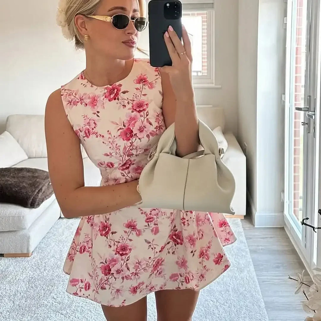Sleeveless Pink Floral Mini Women High Neck A-line Dress