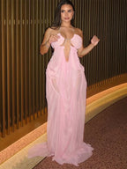 Sheer Halter Gown With Chain Detailing Backless Sleeveless