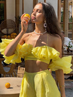 Elegant Y2K Sweet Style Ruched Tank Tops+Petal Sleeve Cover Women Lace-Up Halter