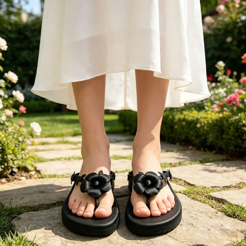 Pink Satin Flower Decorated Flip Flops For Women Comfortable Split Toe Sandals