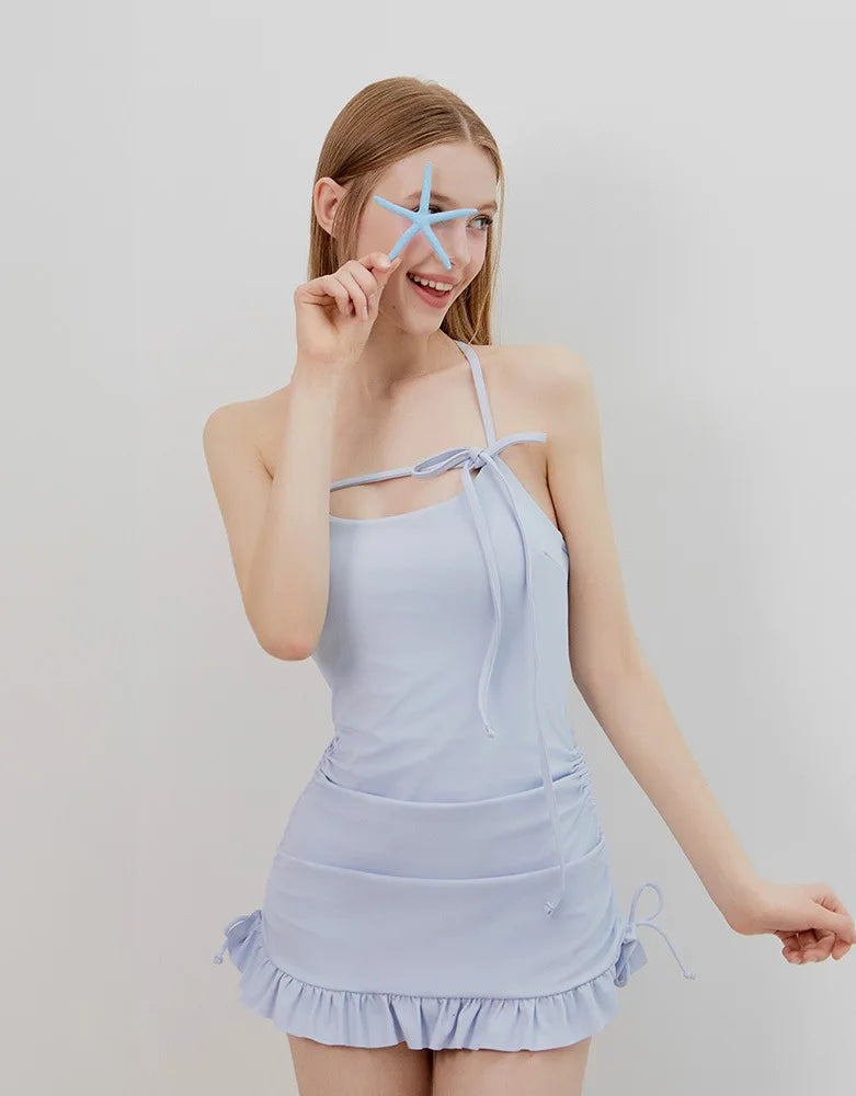 Girls One-Piece Sexy Slimming Belly Covering Backless Tie Conservative Swimwear