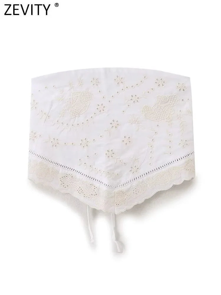 Backless Strapless Embroidered Crop Top With Hollow Details