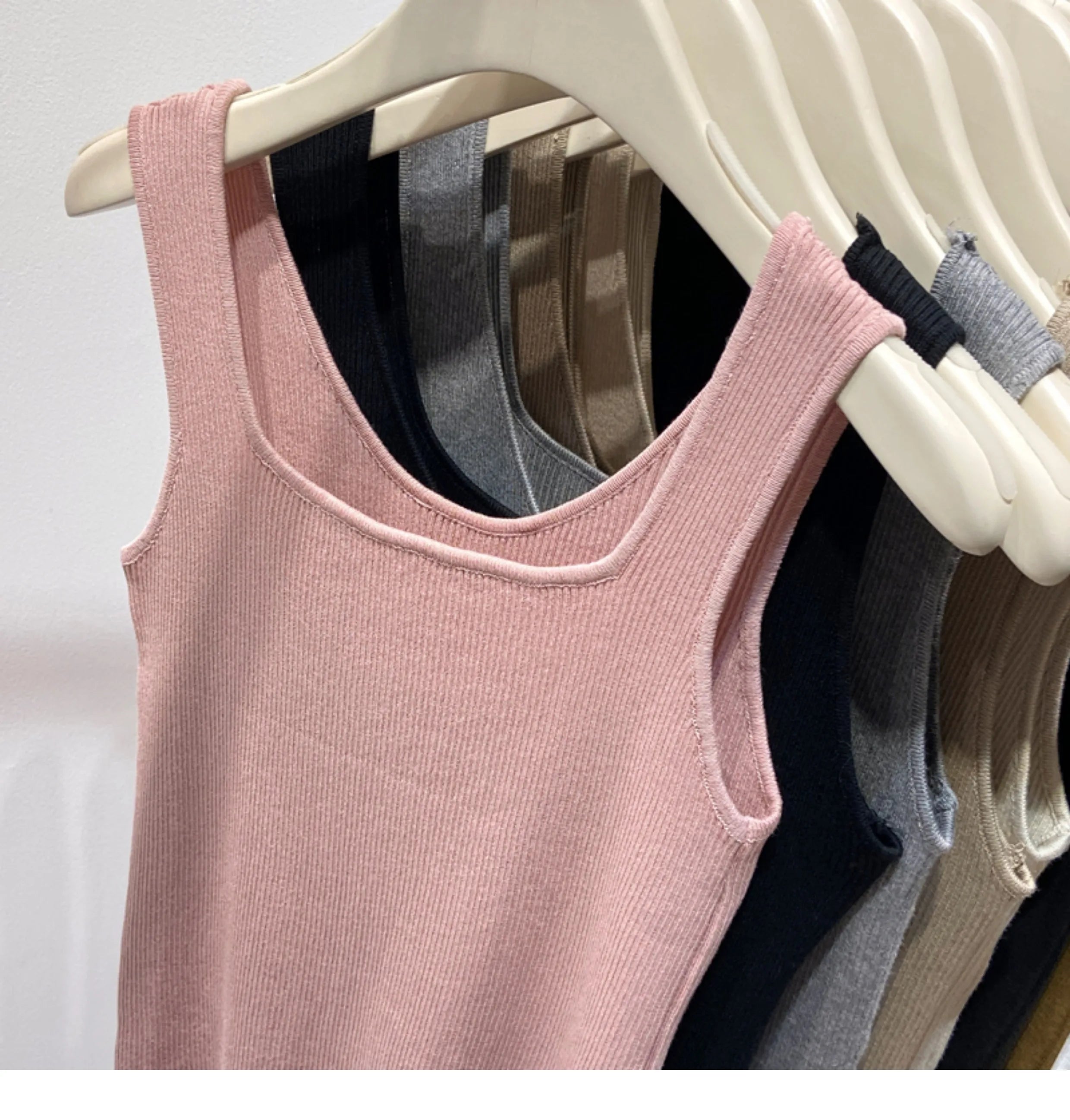 Knitted Strap Top With Clavicle Square Collar