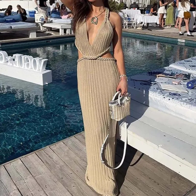 Hollow Knit Maxi Dress With V Neck Sleek Slim Fit Elegant High Slit