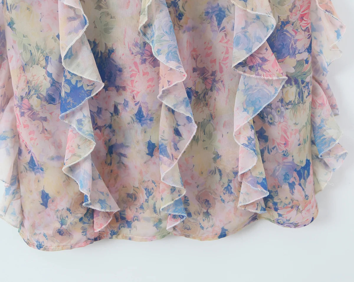 Gradient Floral Ruffles Chiffon Dress With V Neck Backless