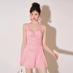 Plaid Backless Swim Dress With Halter Neck