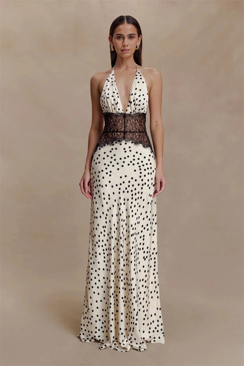 Polka Dot Backless Maxi Dress With Lace Patchwork Halter Neck Deep V Bodycon Evening Gown