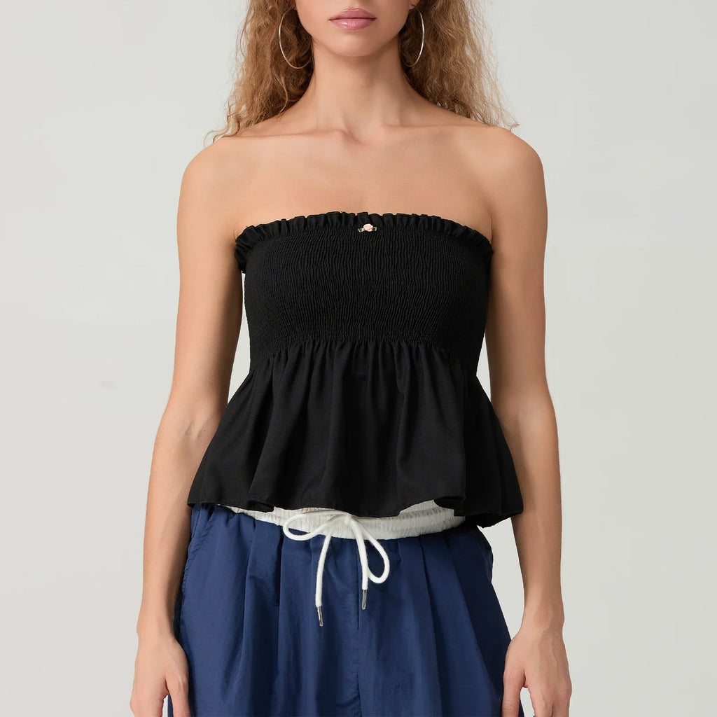 Women Floral Bow Crop Top With Ruffles And Backless Strapless Tank