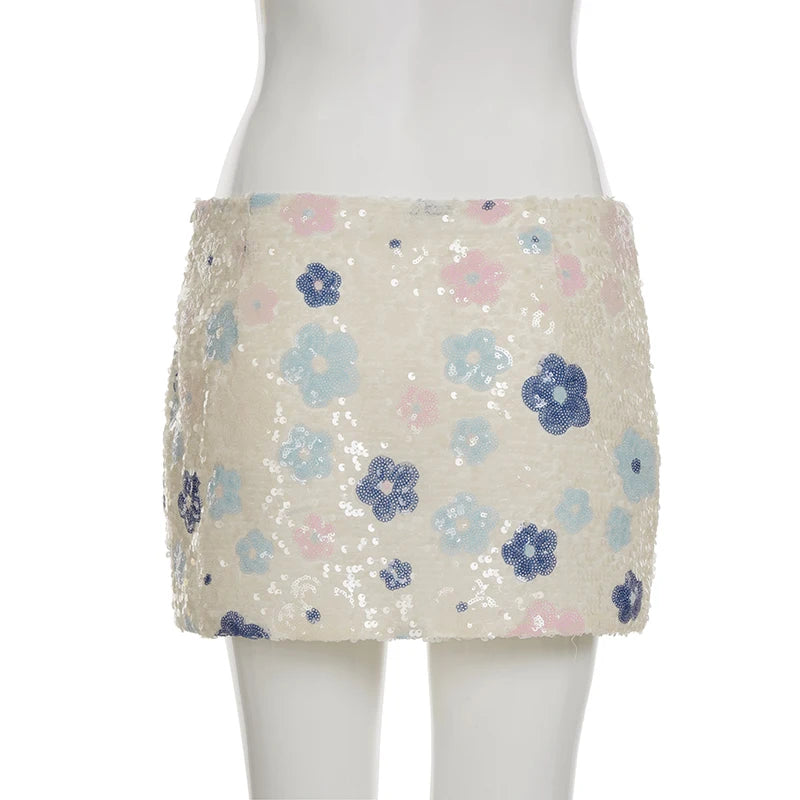 Colorful Floral Sequin Mini Skirt Low Waist Bodycon