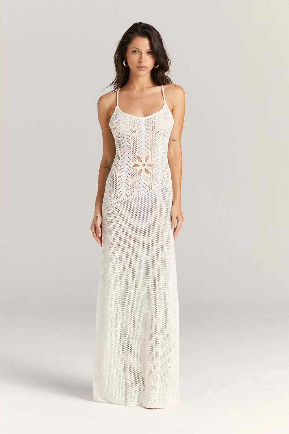 Floral Knit Strap Maxi Dress Backless Beach Cover Up For Summer Vacation And Resort Style