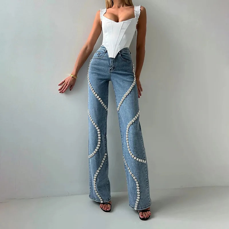 Glimmering Rhinestone Patchwork Denim With Loop Detail For A Chic Straight Leg Silhouette