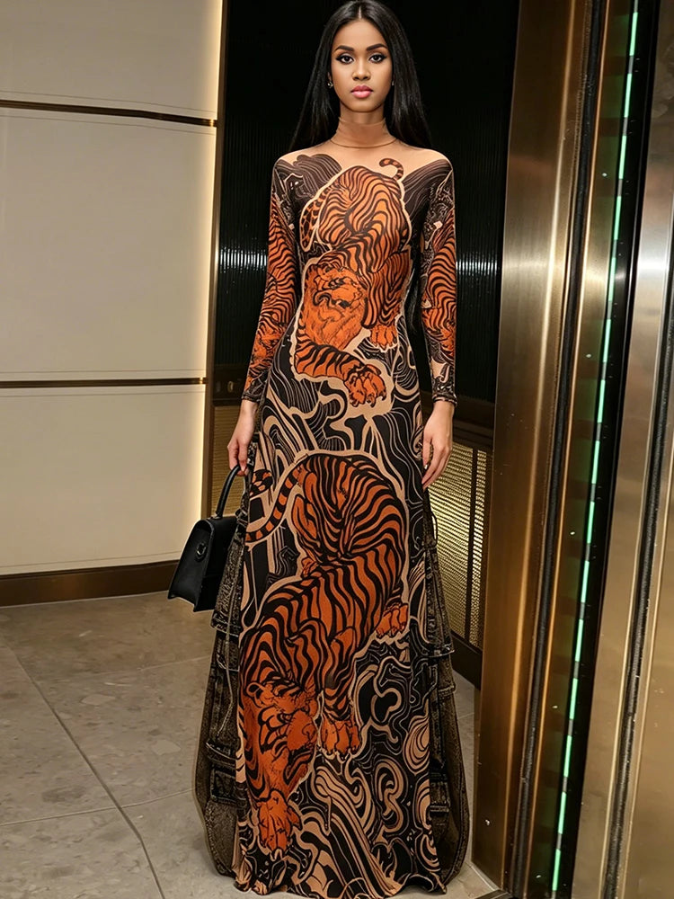 Tiger Print Sheer Long Sleeve Top With High Neck And Slits Street Style