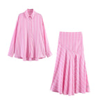 Pink Stripe Shirt Set With Pleated Long Skirt Elegant Two Piece Suit