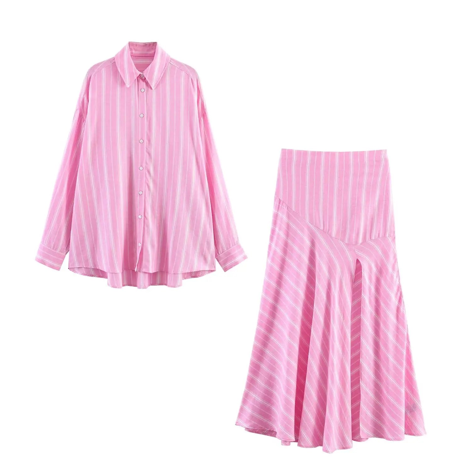 Pink Stripe Shirt Set With Pleated Long Skirt Elegant Two Piece Suit
