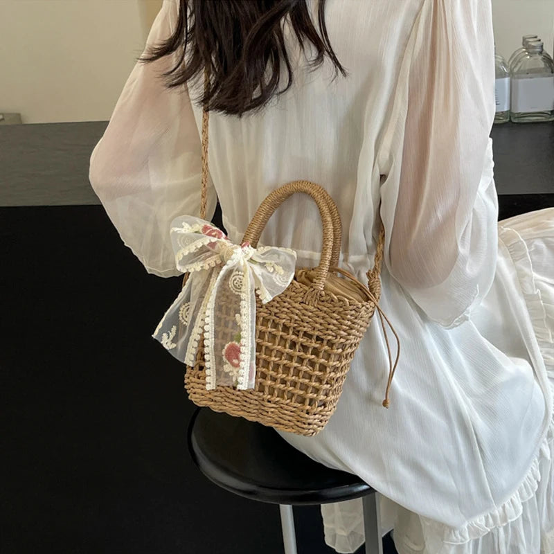 Lace Bow Straw Weave Crossbody Bag Summer Beach Style Small Bucket Elegant And Lightweight